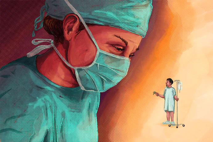 A painting of a surgeon and a patient